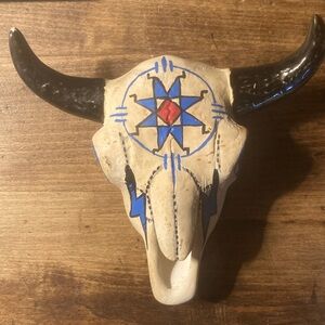 Decorative Bull Skull with Black and Blue Accents